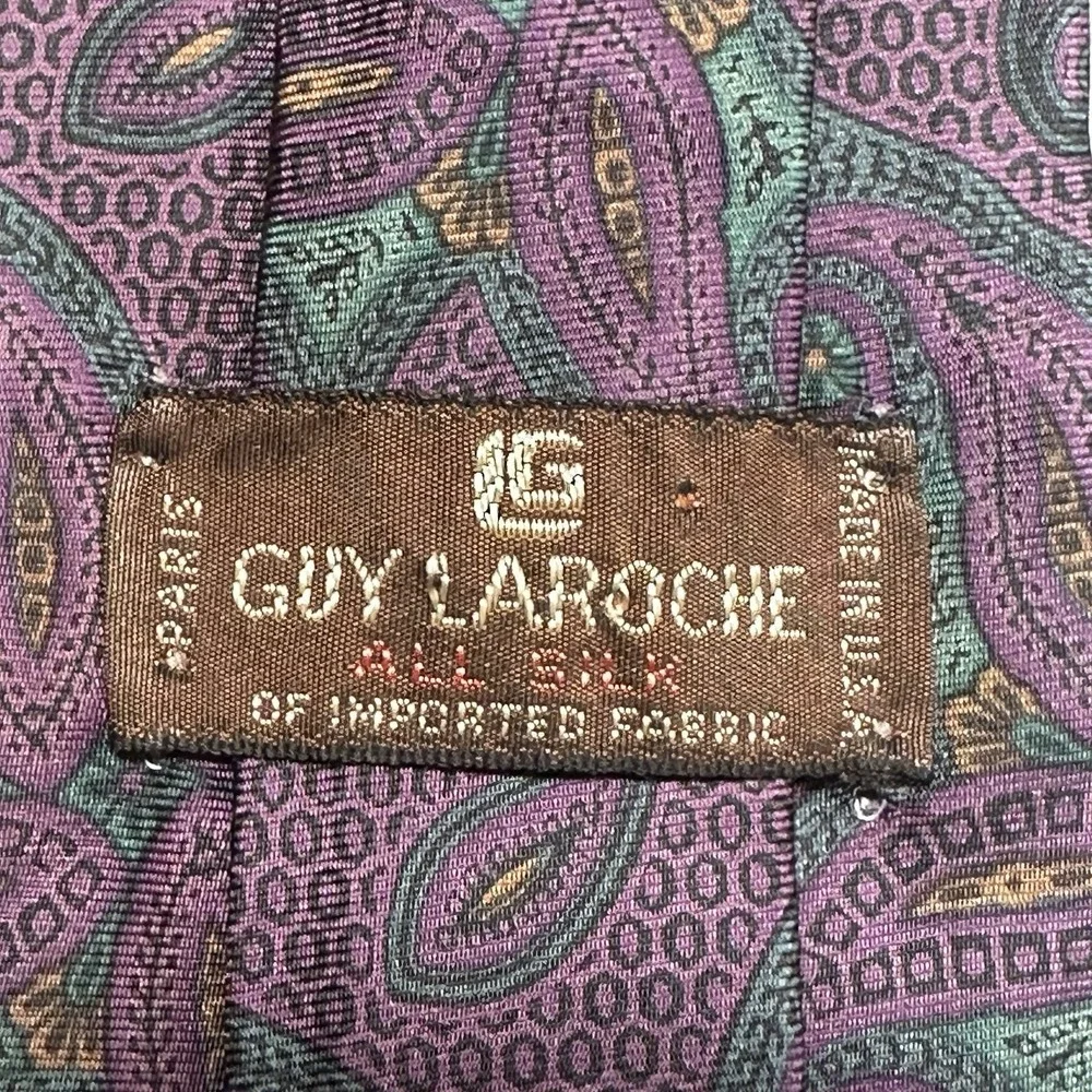 Vintage Guy Laroche Silk Tie Purple Green Paisley Designer Necktie‎ USA 56x3.4
